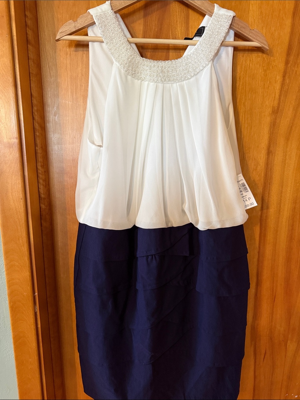 dressbarn Cream and Navy Beaded Neckline Tiered Dress